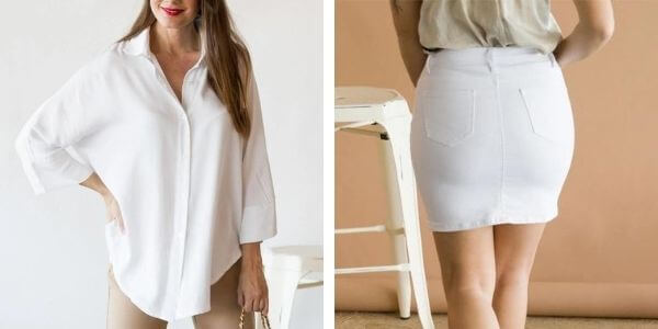 Oversized white shirt and white denim skirt