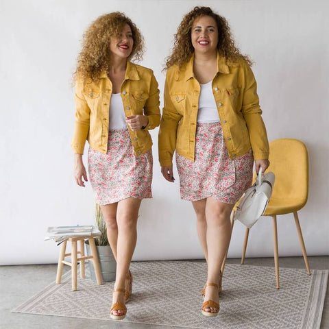 Mustard-colored denim jacket with printed skirt