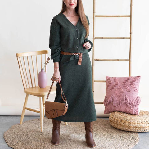 Green Cardigan and Skirt Set