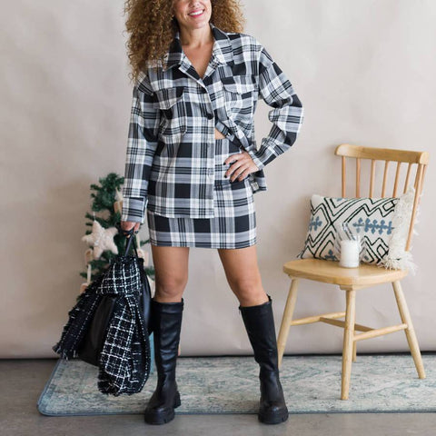 Retro style black plaid print skirt and shirt