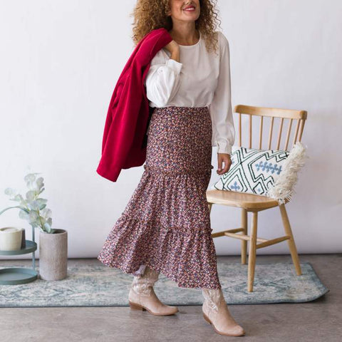 Floral print midi skirt with cowboy boots