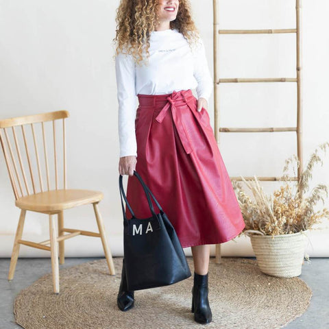 Red faux leather midi skirt for New Year's Eve