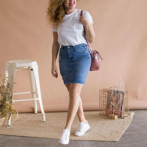 Denim skirt with casual t-shirt