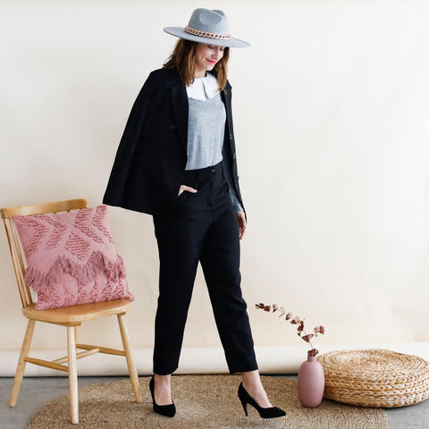 Gray sweater with bib collar and black pants