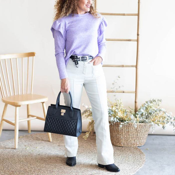 Flare pants look with mauve sweater