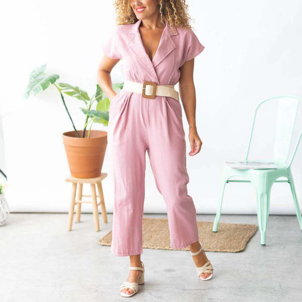 Look pink jumpsuit with matching shoes and belt