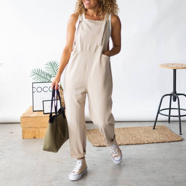 Look beige dungarees jumpsuit with green details