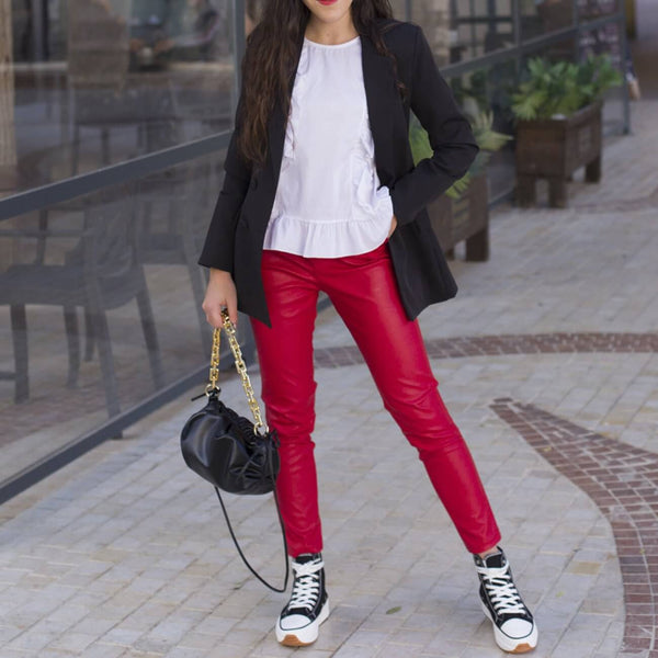 Leather pants combined with jacket