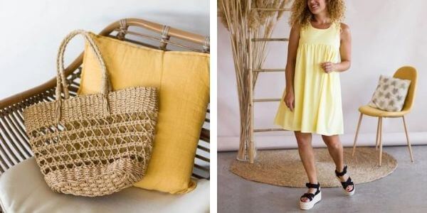 Robe jaune combinée avec du raphia