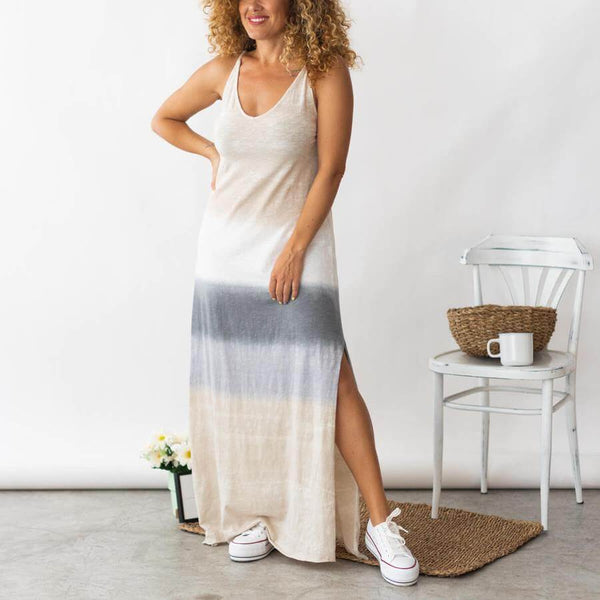 Look robe longue beige tie-dye