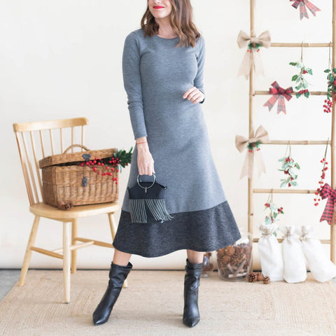 Long, two-tone and gray lady-style dress