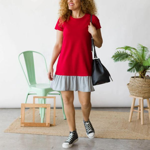 Red dress with sneakers