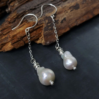 freeform pearl earrings, handmade pearl earrings with silver earhooks by roff jewellery