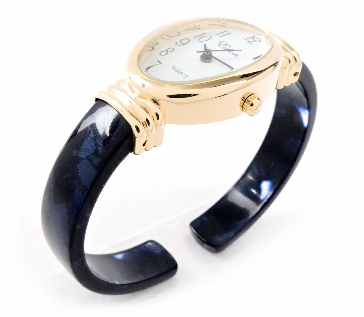 Tortoise Blue Acrylic Band with Gold Oval Case Women's Bangle Cuff WATCH