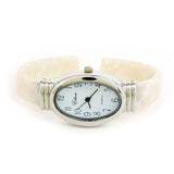 White Pearl Acrylic Band Silver Oval Case Women's Bangle Cuff Watch