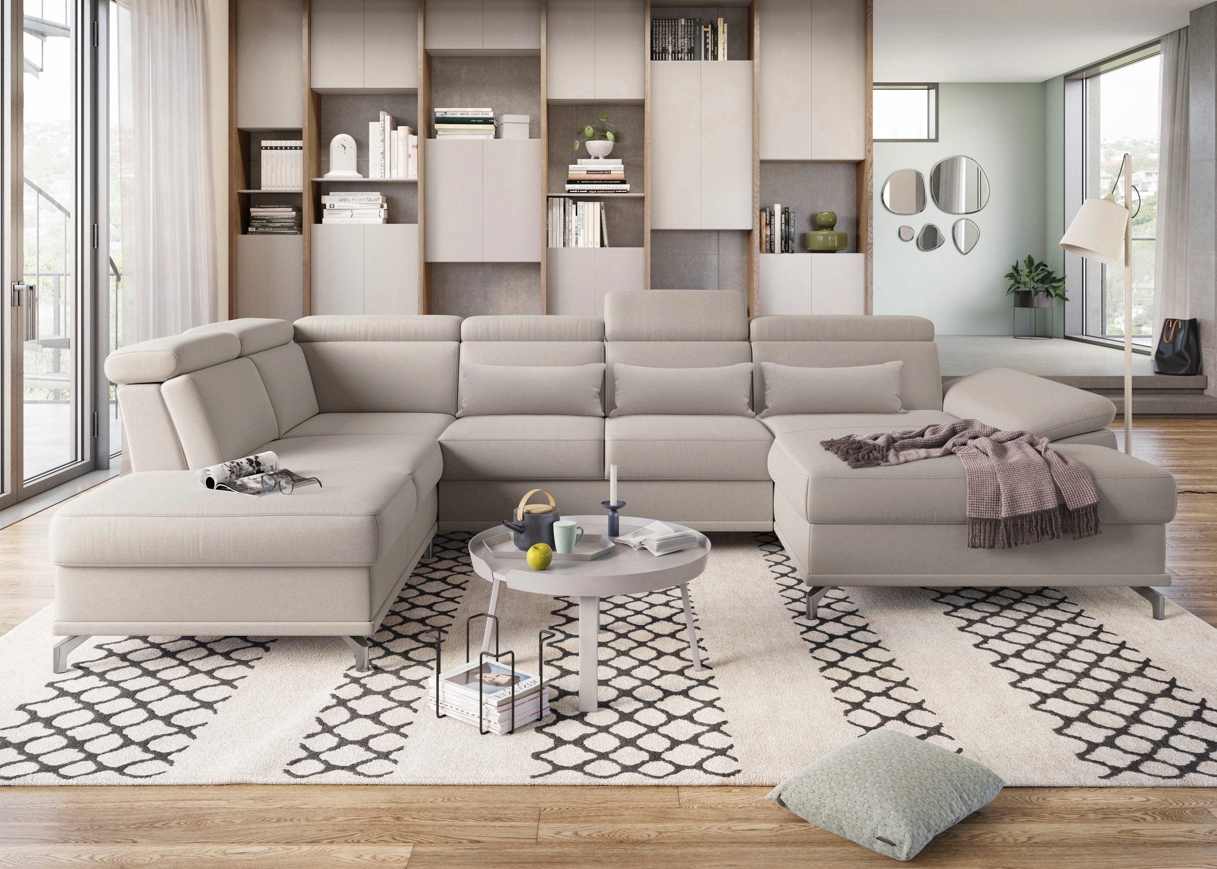 Wohnlandschaft beige mit Federkern, Sitztiefenverstellung, Kopfteilverstellung in Luxus-Microfaser, U-Form Cabrio.