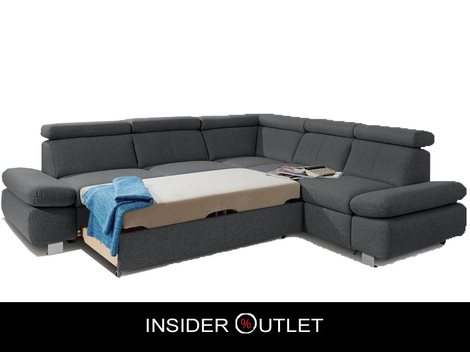 Ecksofa Grau Anthrazit mit Schlaffunktion, Bettkasten, Kopfteil- und Armteilverstellung, Couch Happy.