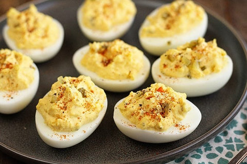 devilled eggs and hot sauce