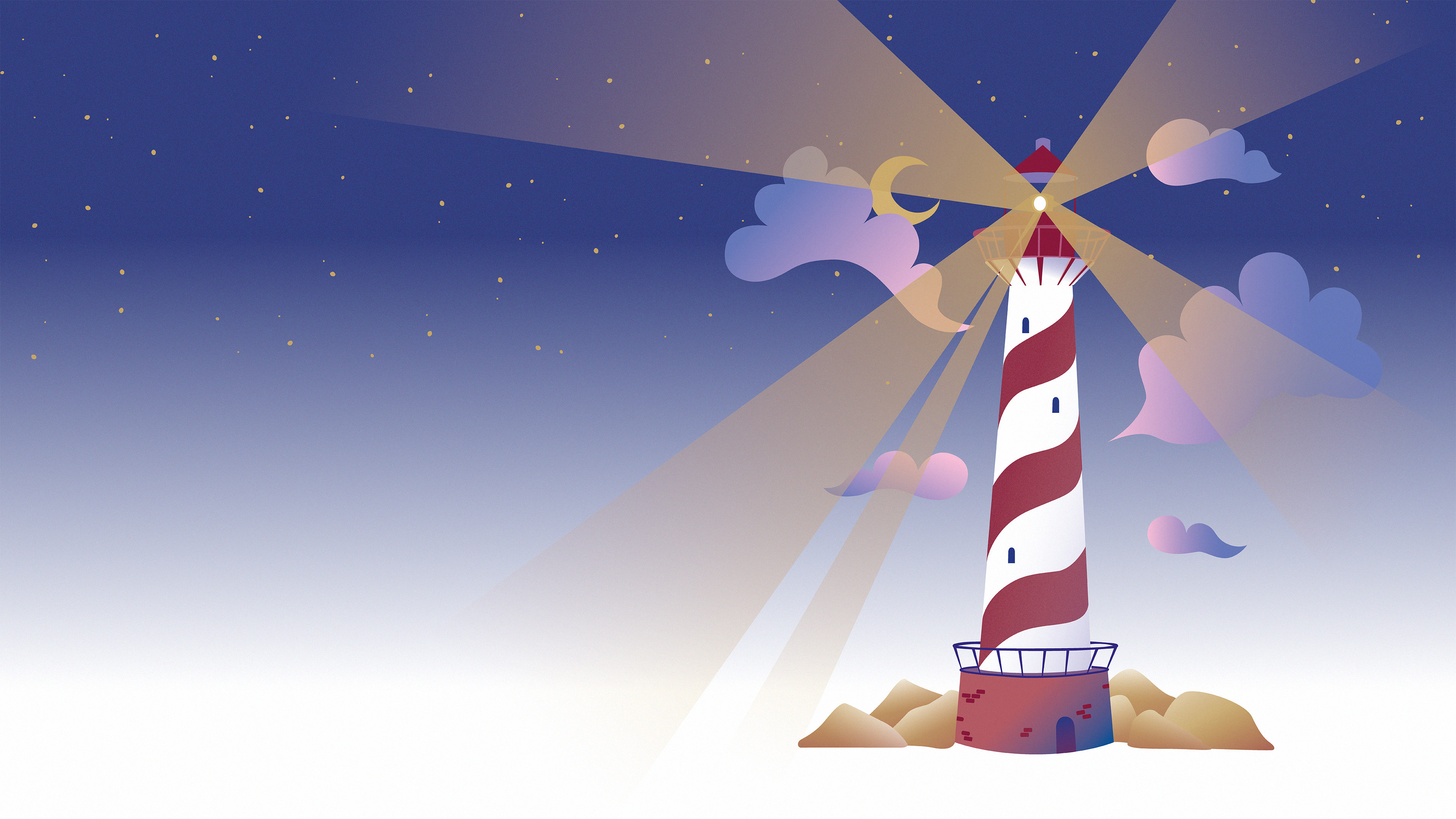 Abi Prints Lighthouse Desktop wallpaper, featuring an off centre red and white swirly lighthouse, with big golden lightrays, nestled in some rocks, with a moon, clouds and lightbeams