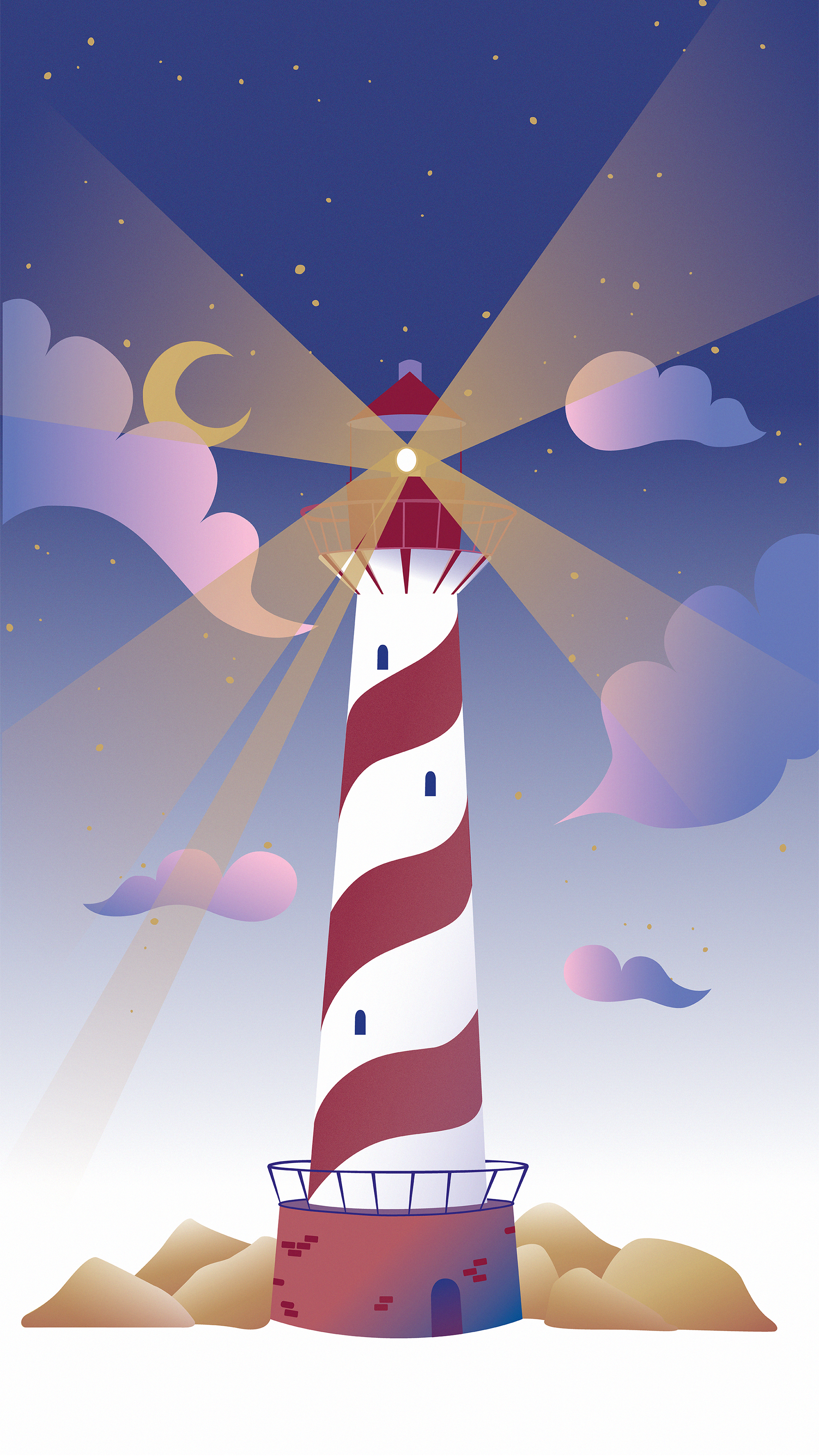 Abi Prints Lighthouse Phone wallpaper, featuring an off centre red and white swirly lighthouse, with big golden light rays, nestled in some rocks, with a moon, clouds and light beams