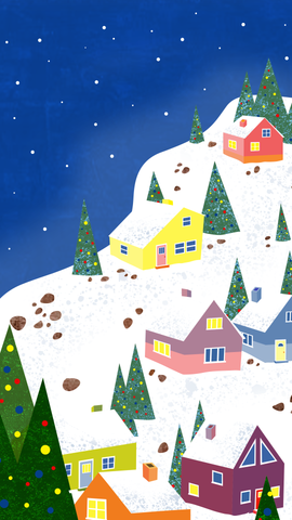Rainbow Houses on a Snowy Hill, Digital Artwork for Phone Wallpaper