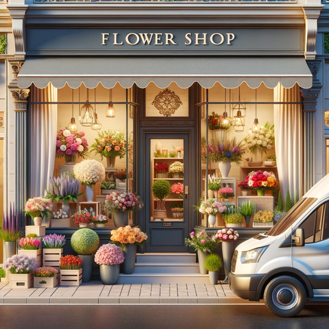 Elegant floral shop display by Floral Atelier Australia, with a delivery van prepared for prompt delivery to The Queen Elizabeth Hospital, showcasing compassionate and efficient floral delivery service in Adelaide.