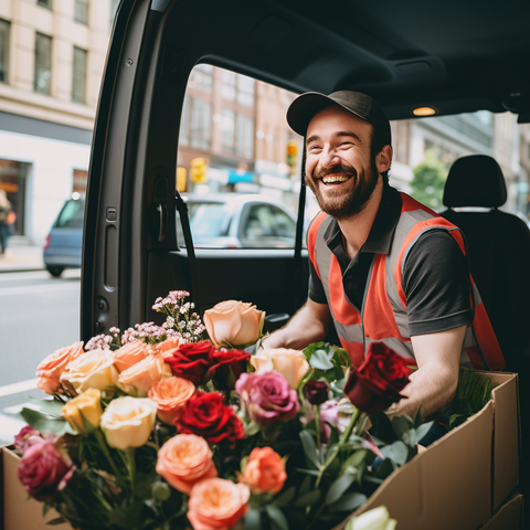 A happy delivery man delivering flowers. The same day delivery