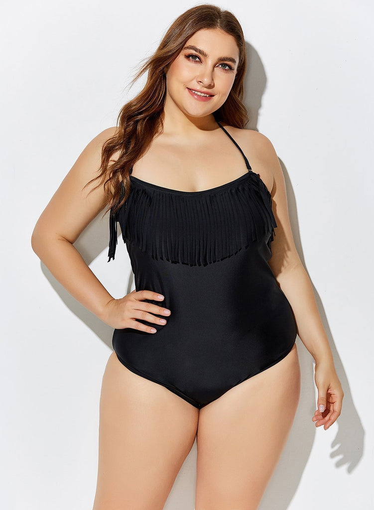 black fringe bandeau swimsuit