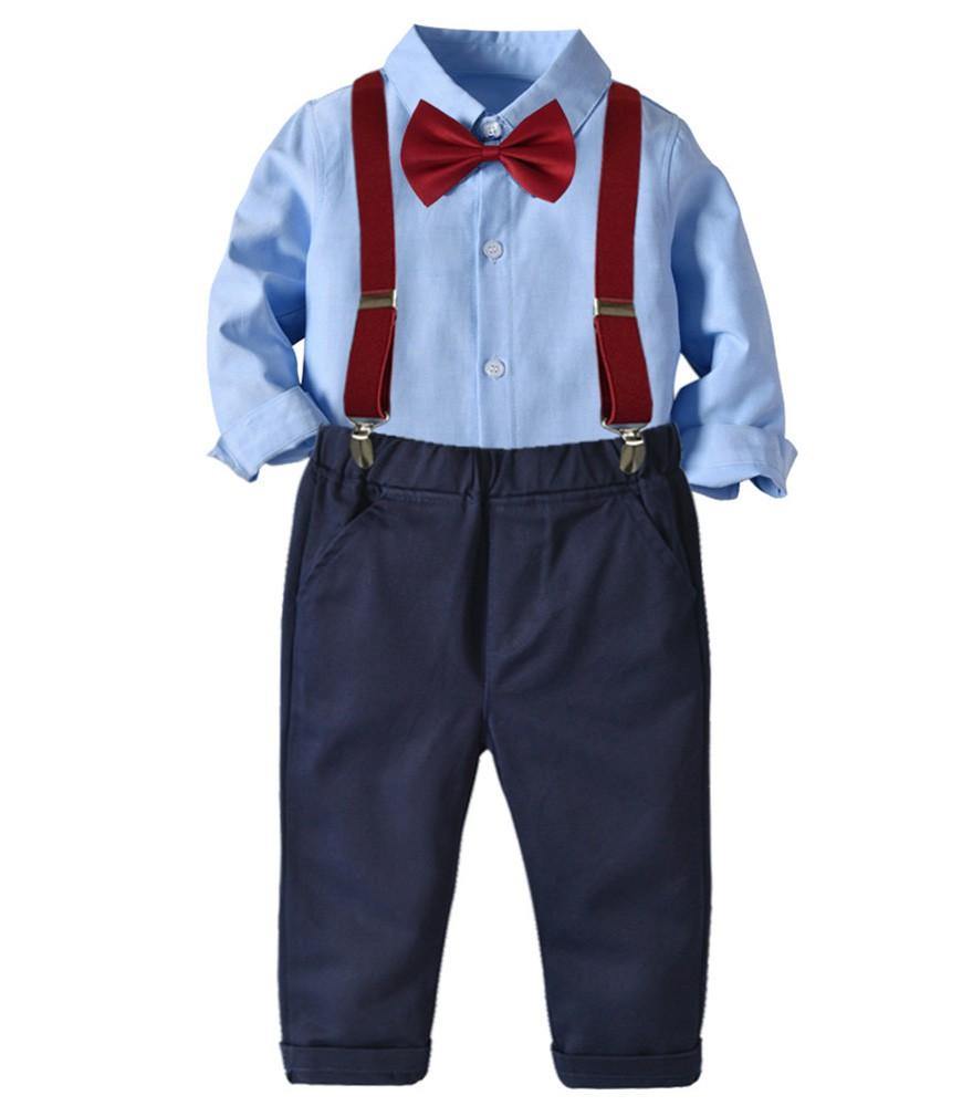 Boys Outfit Set Blue Cotton Shirt With Bow Tie And Suspender Pants ...