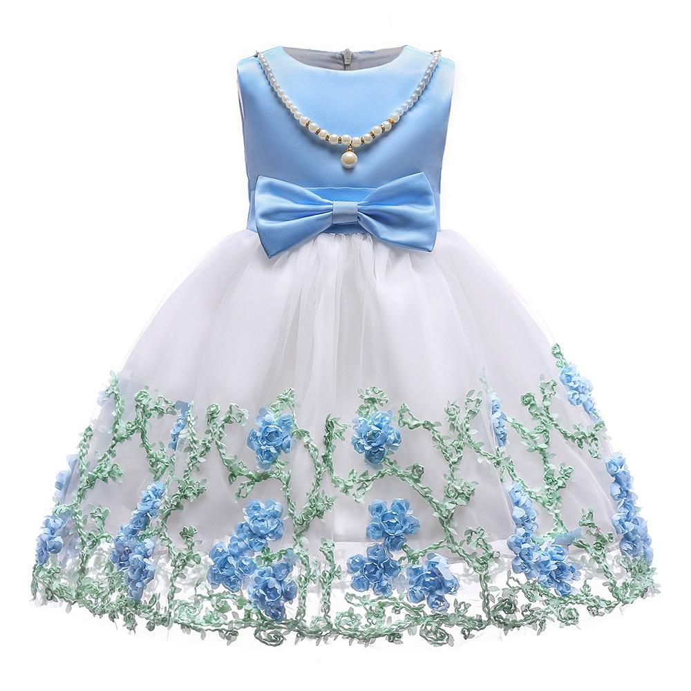 Blue White Flower Girls Pearl Necklace Bowknot Tulle Party Gown Dress ...