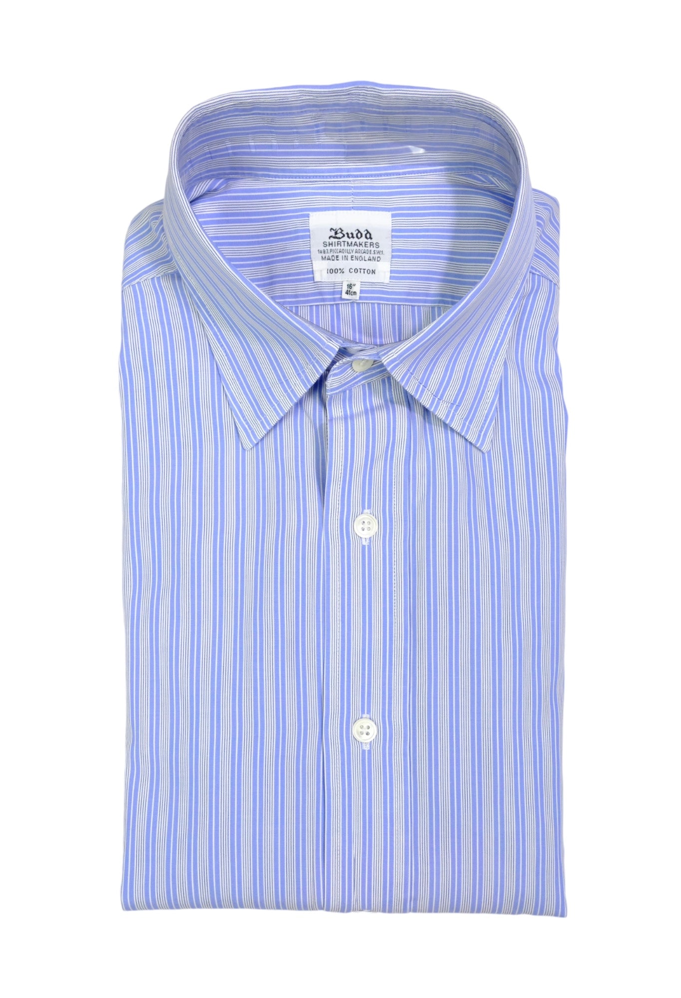 image of Budd - Blue/White Striped Poplin Cotton Shirt 41 Reg