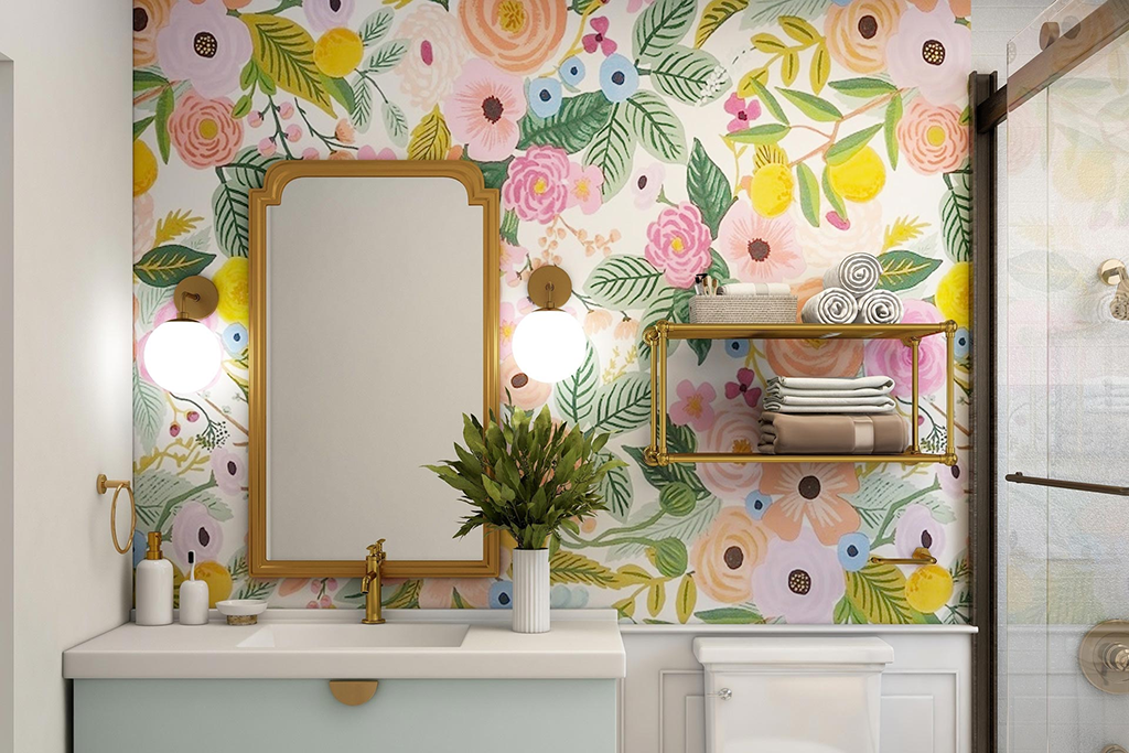 bathroom with beautiful wallpaper