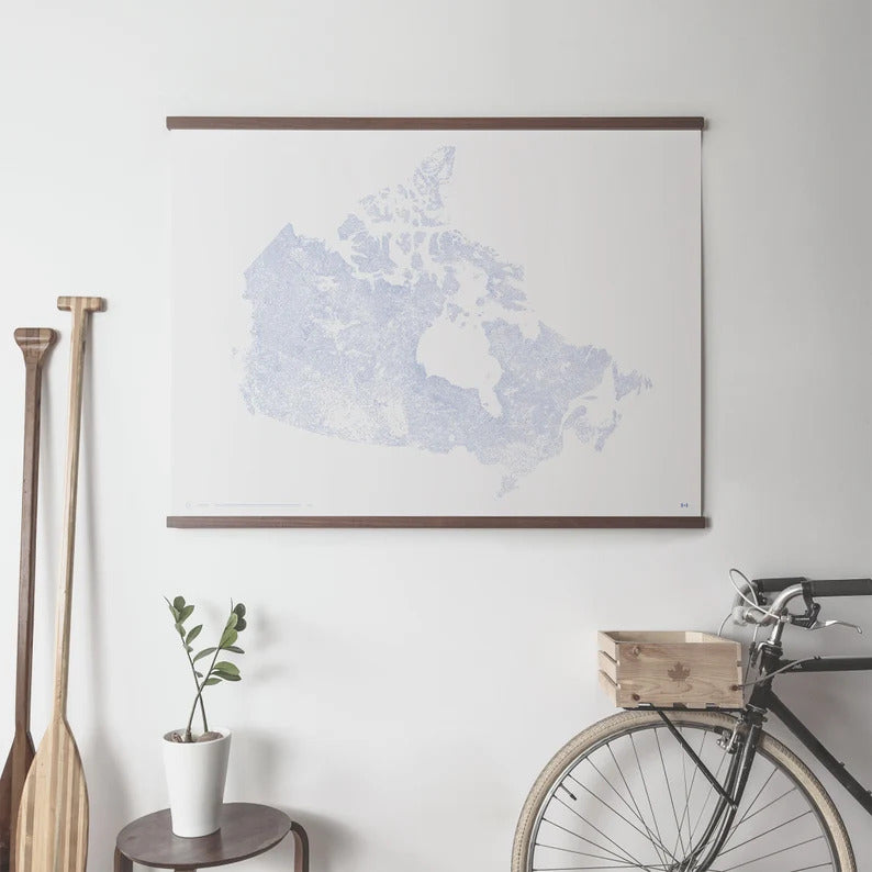 Picture of a blue map hung with a magnetic hanger frame.
