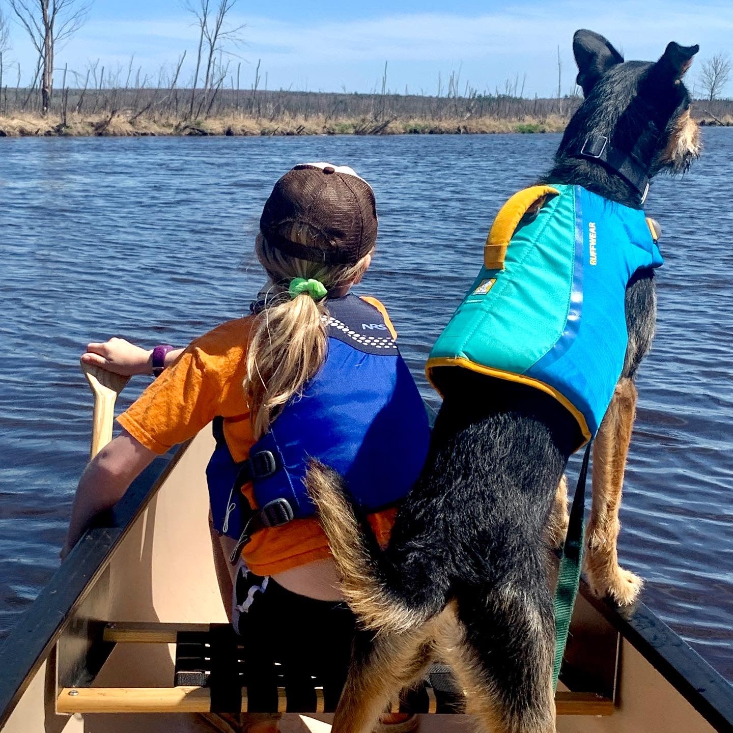 Girl and dog in canoe