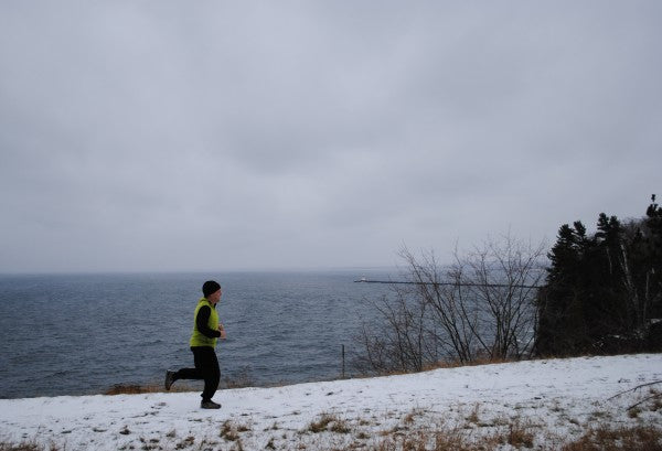 Running in the snow on Presque Isle