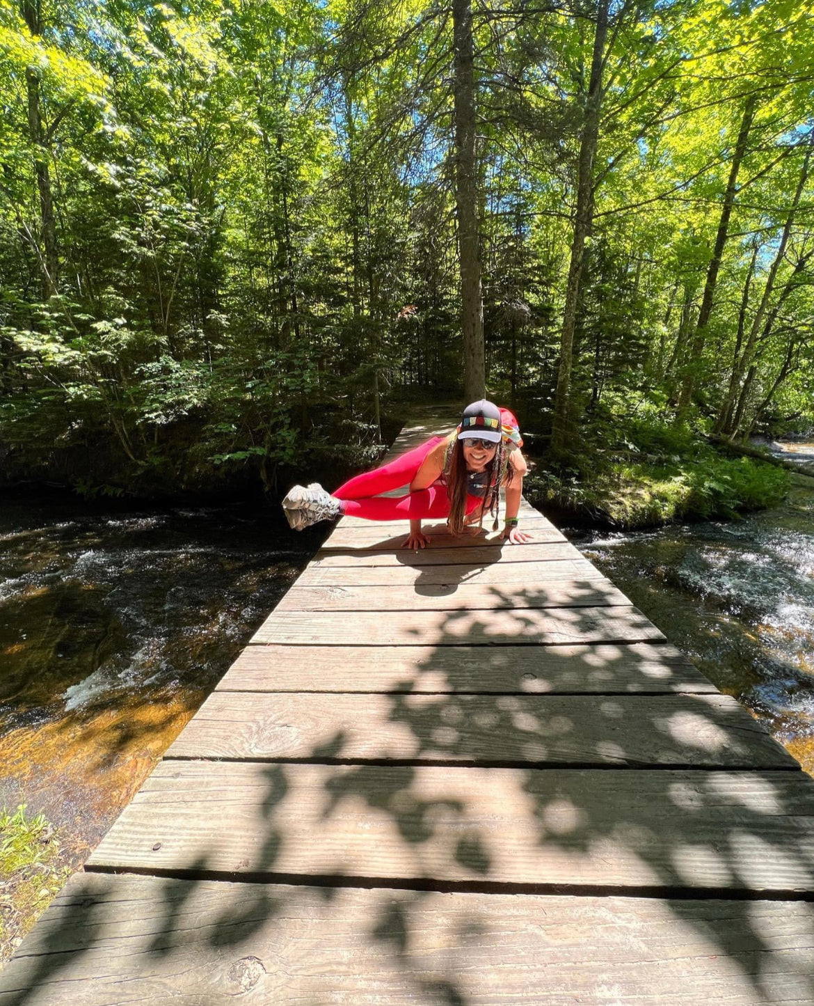 Yoga on a bridge in Pictured Rocks National Lakeshore