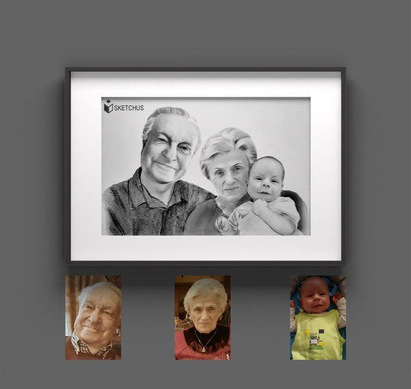 Portraitzeichnungen von Großeltern mit Enkel 