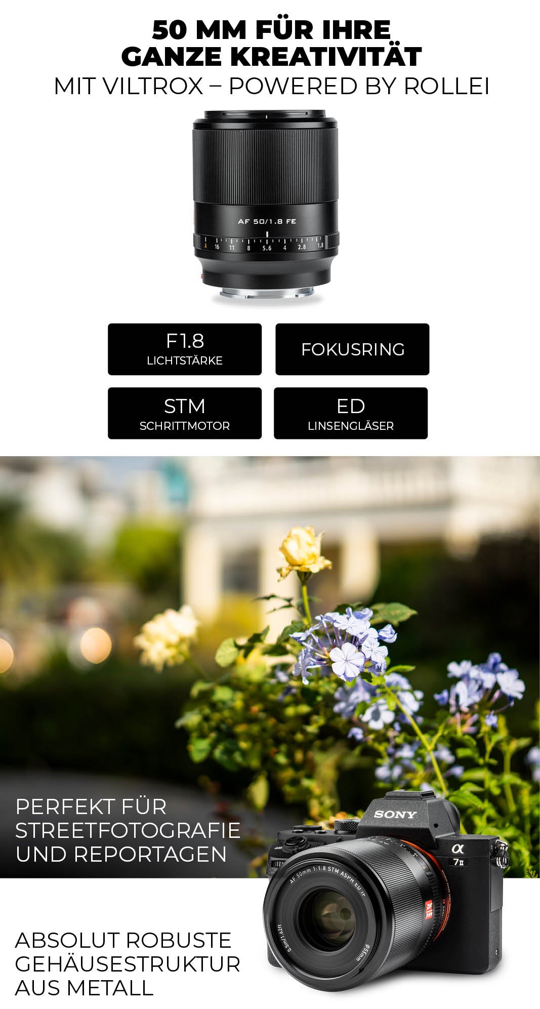 Viltrox 50 mm Objektiv für Kameras mit Sony E-Bajonett