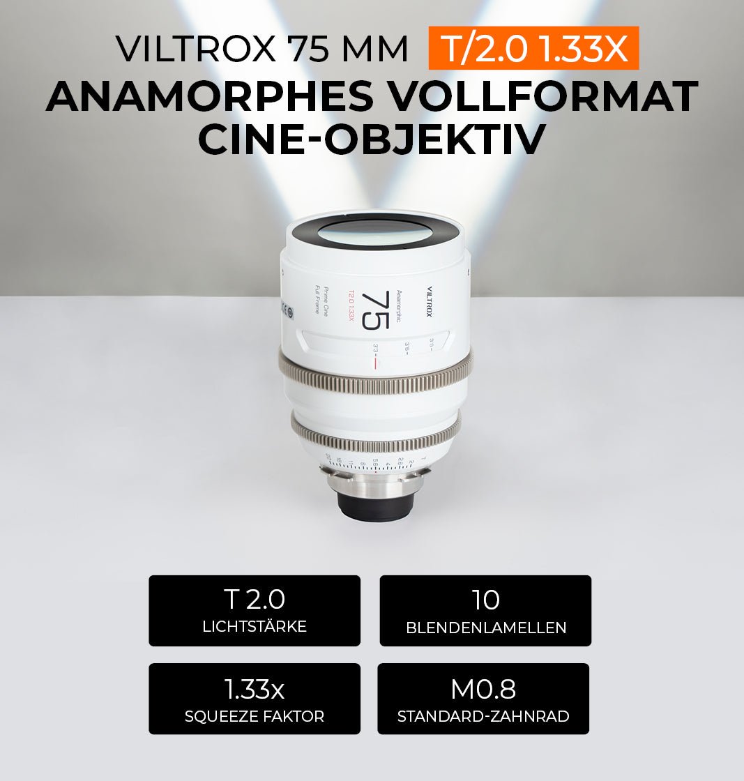 Viltrox 75 mm T/2.0 1.33X anamorphes Vollformat Cine-Objektiv