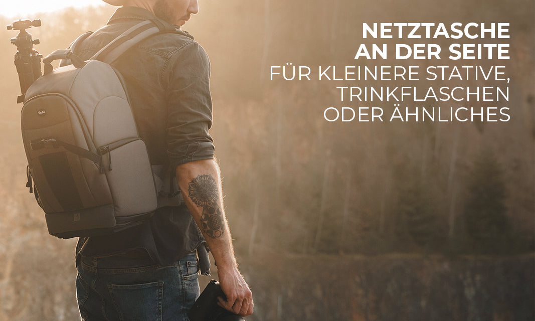 Netztasche an der Seite für kleinere Stative, Trinkflaschen oder ähnliches