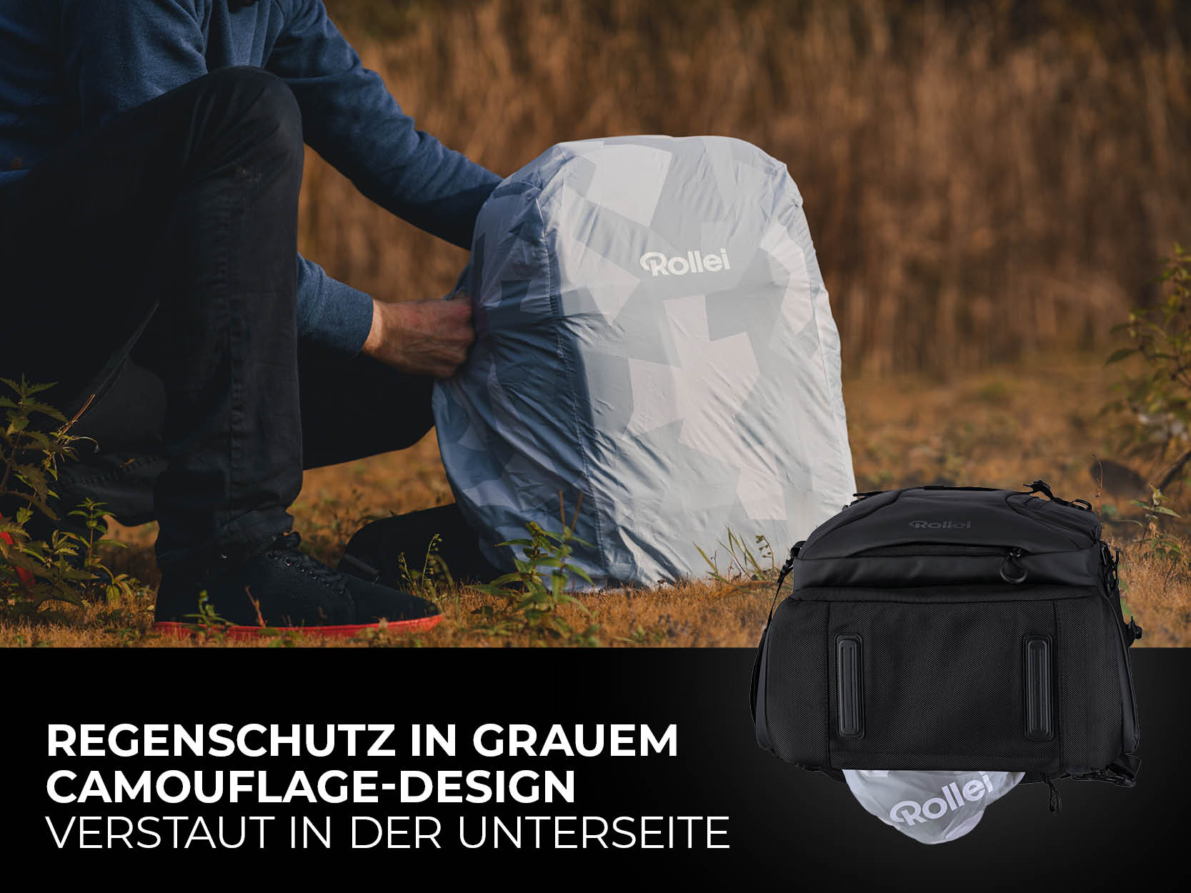 Mit Regenschutz in grauem Camouflage-Design