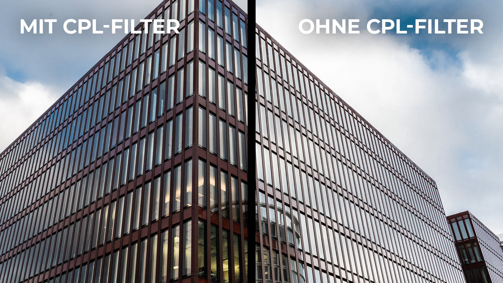 Polfilter zur Reduzierung von Spiegelungen auf Nicht-metallischen Oberflächen: Abbildung Gebäude-Fassade mit vielen Fenstern - Vergleich mit CPL-Filter / ohne CPL-Filter