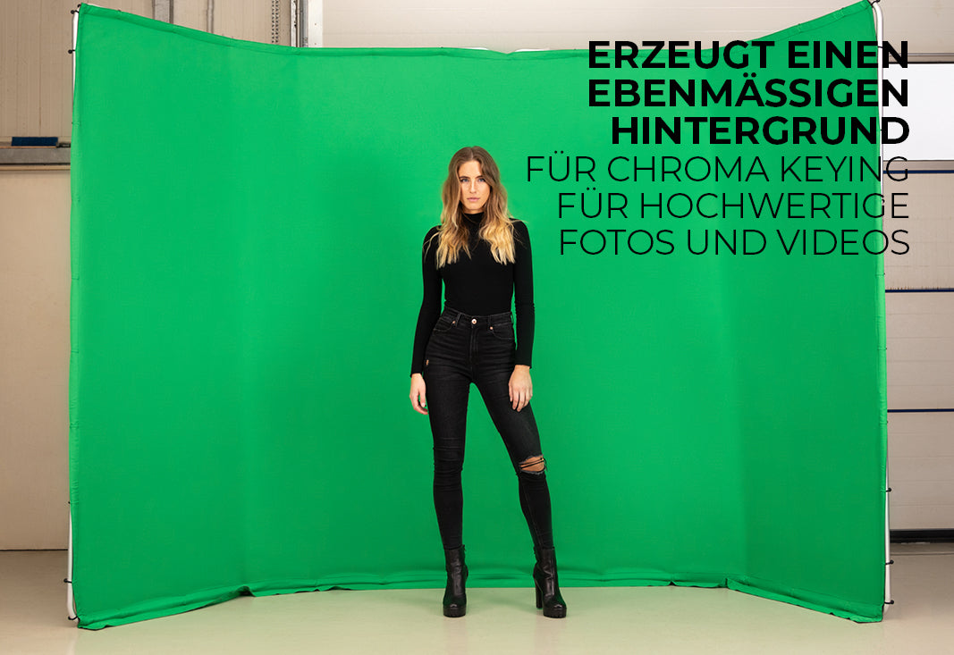 Der Panorama Greenscreen erzeugt einen ebenmäßigen Hintergrund - für Chroma Keying für hochwertige Fotos und Videos