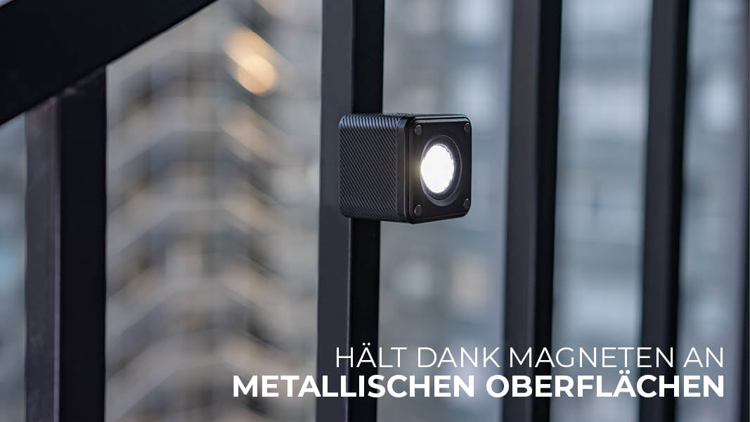 Der LUMIS Solo 2 LED-Würfel hält dank integrierten Magneten an metallischen Oberflächen