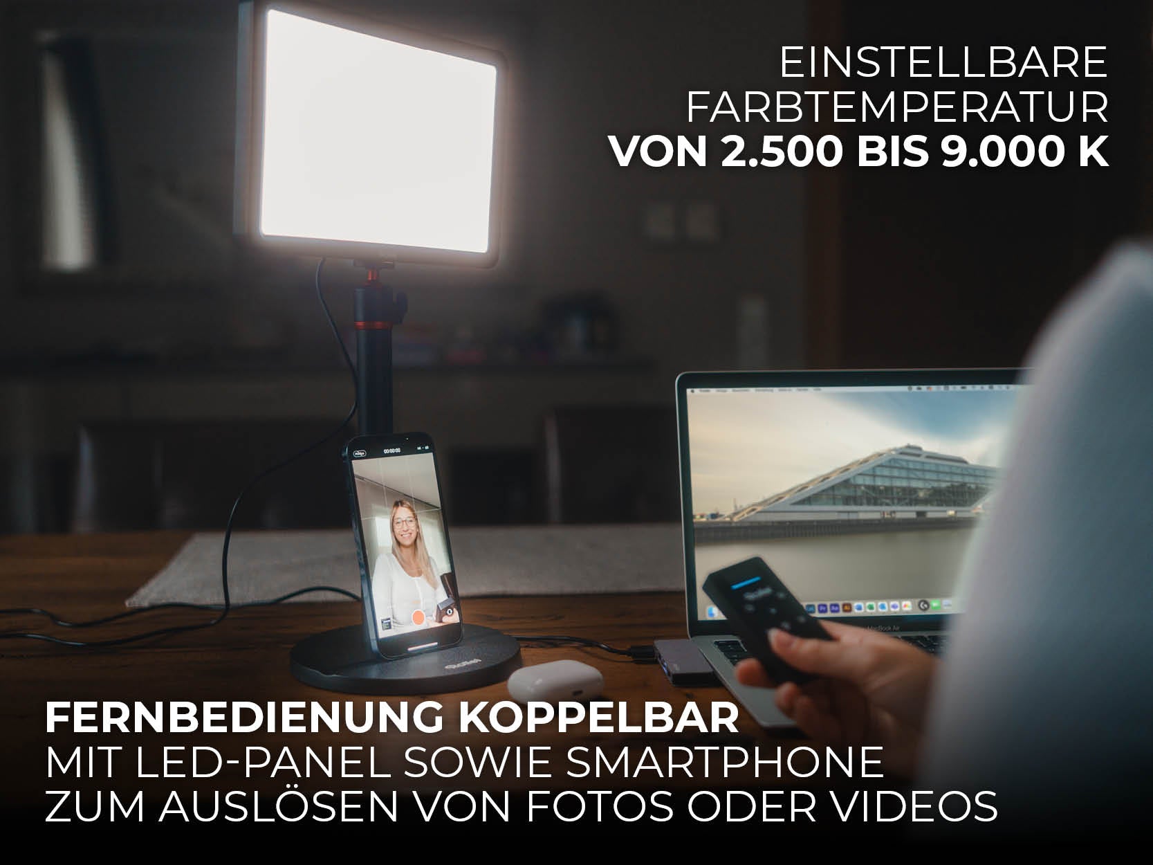 Fernbedienung koppelbar mit LED-Panel sowie Smartphone zum Auslösen von Fotos oder Videos