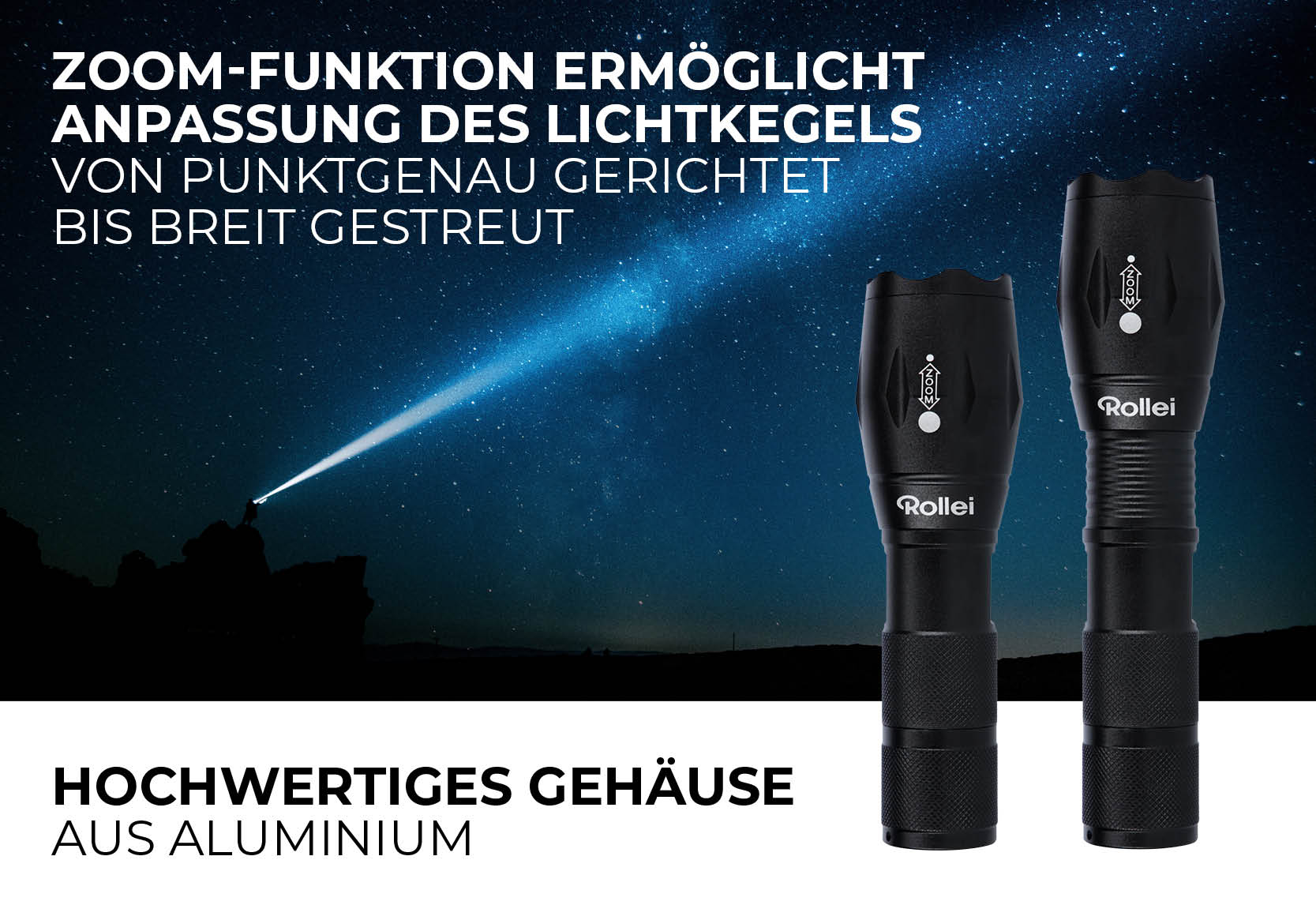 Zoom-Funktion ermöglicht Anpassung des Lichtkegels von punktgenau gerichtet bis breit gestreut