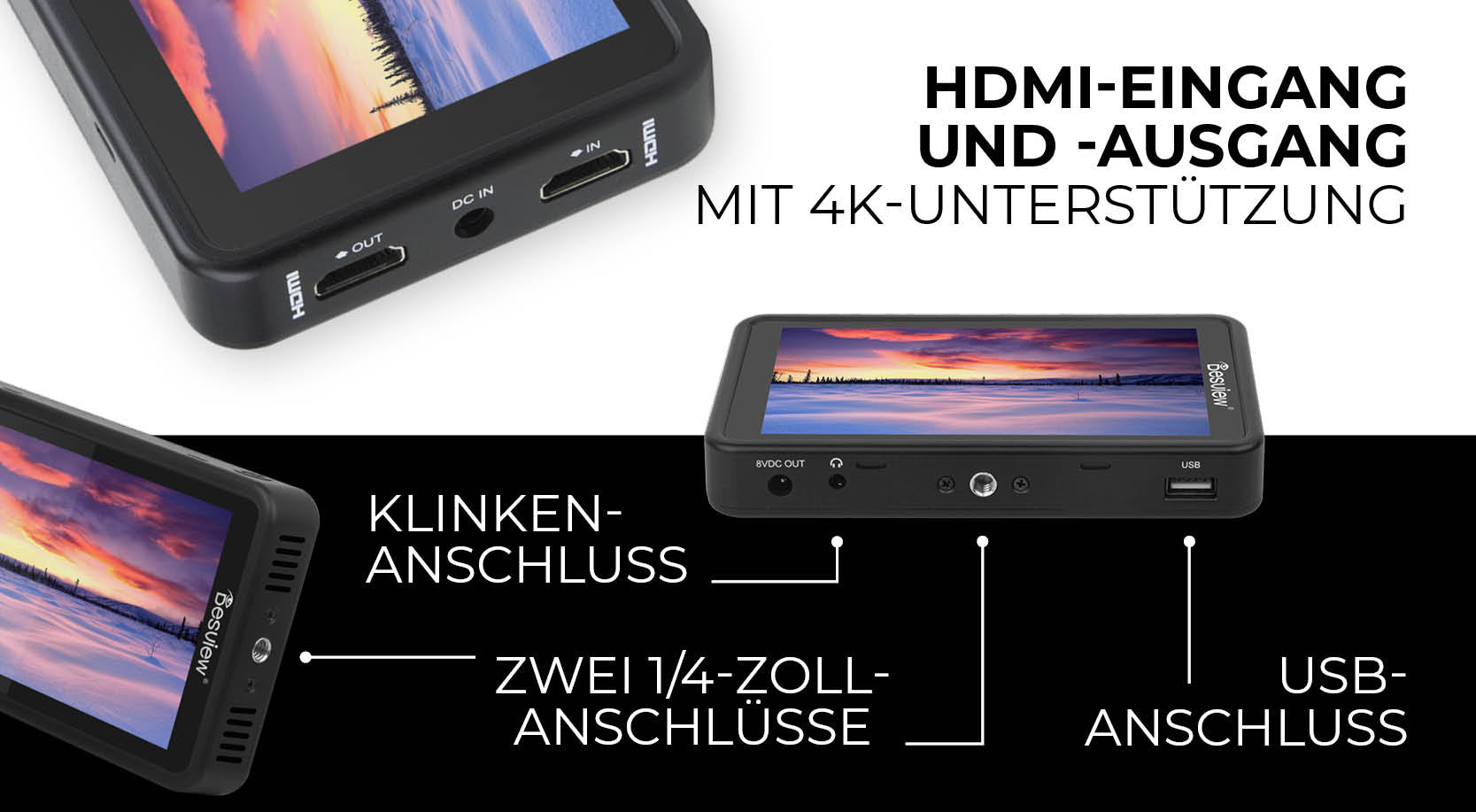 HDMI-Eingang und -Ausgang mit 4K Unterstützung, Klinken-Anschluss und zwei 1/4-Zoll Anschlüsse