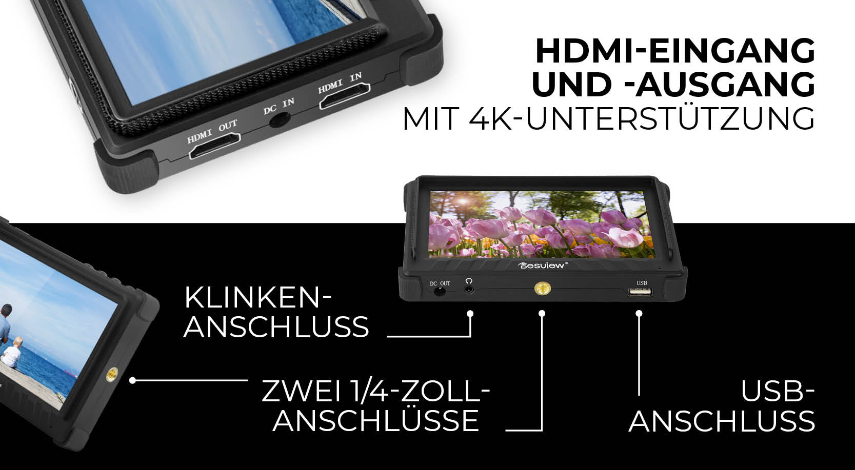 HDMI-Eingang und -Ausgang mit 4K-Unterstützung, zwei 1/4-Zoll Anschlüsse und USB-Anschluss