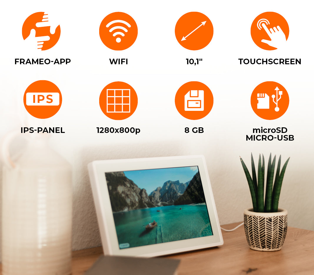 Zahlreiche Funktionen des Smart Frame WiFi 100: 10,1 Zoll Bildschirm-Diagonale, Touchscreen, IPS-Panel, 8GB interner Speicher