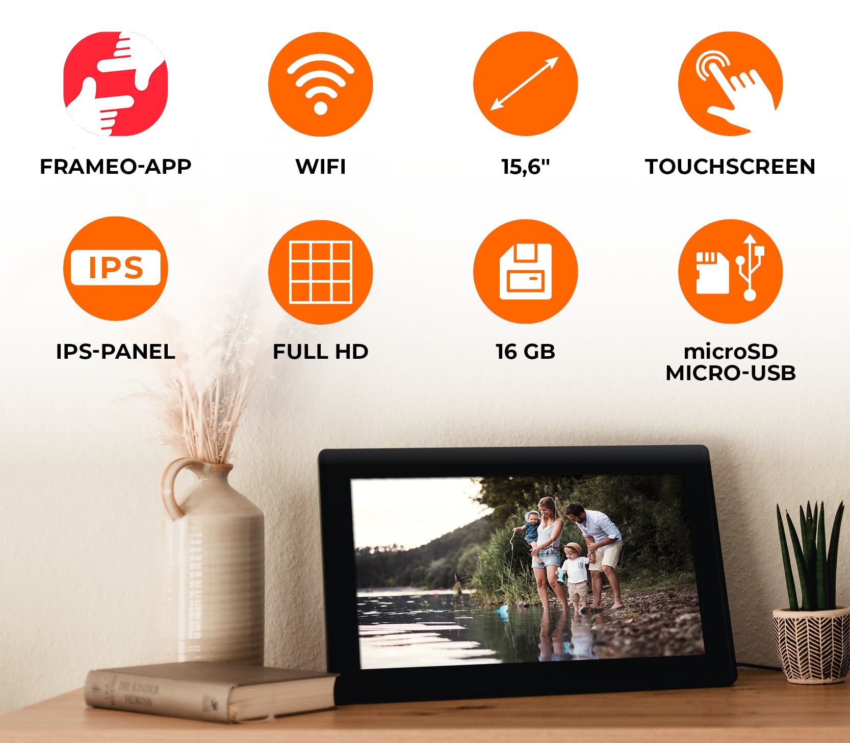 Übersicht Highlights des Smart Frame WiFi 150 von Rollei: 15,6 Zoll Bildschirm, Touchscreen, IPS-Panel, Full-HD, 16 GB interner Speicher, microSD und micro USB